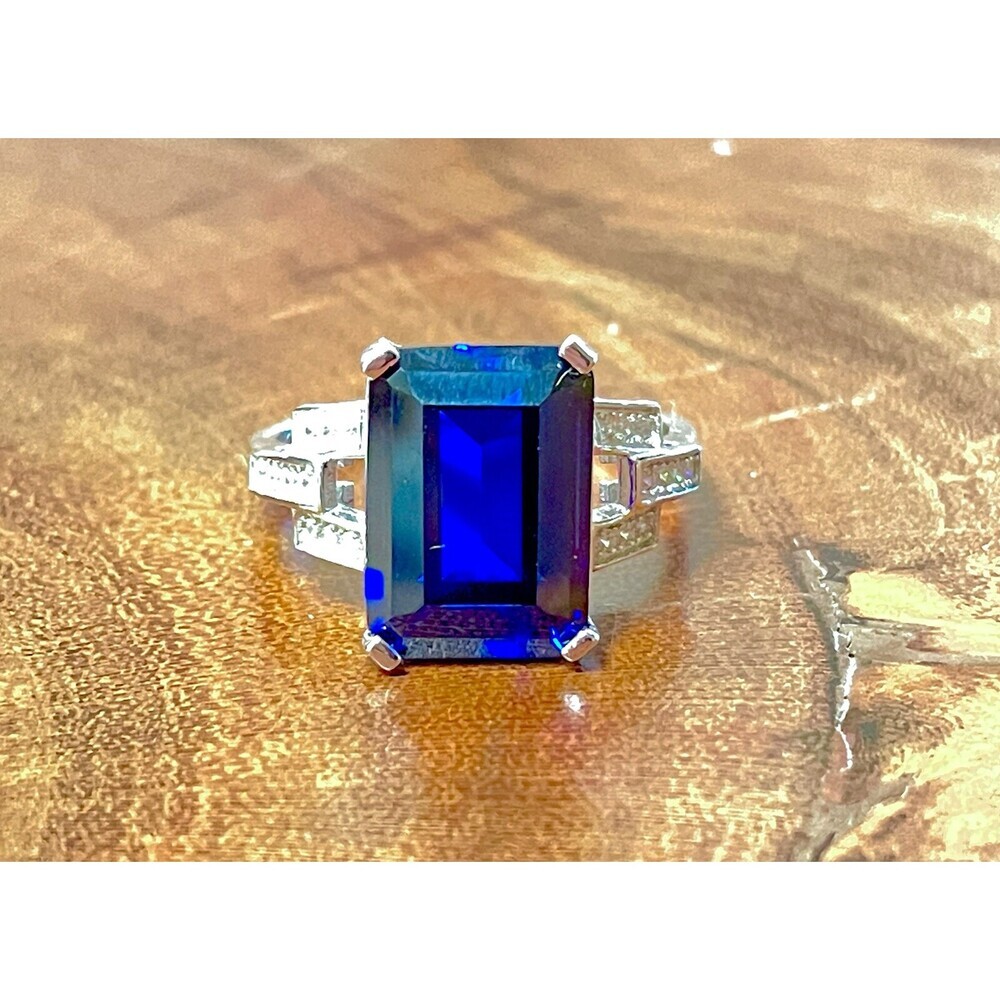 Genuine Emerald Cut Lab-Created Sapphire Set in Ring 925 Sterling Silver - Picture 6 of 13